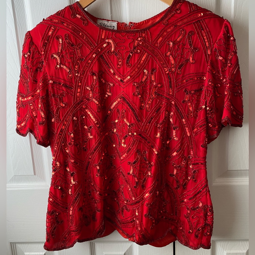 VINTAGE Sténay Red 100% Silk Sequin/Beaded Short Sleeve Jacket‎ SZ L